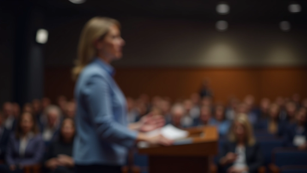 Pessoa apresentando slide com narrativa visual em ambiente corporativo moderno