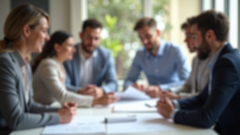 Sala de conferência com múltiplas pessoas analisando gráficos e dados em apresentação