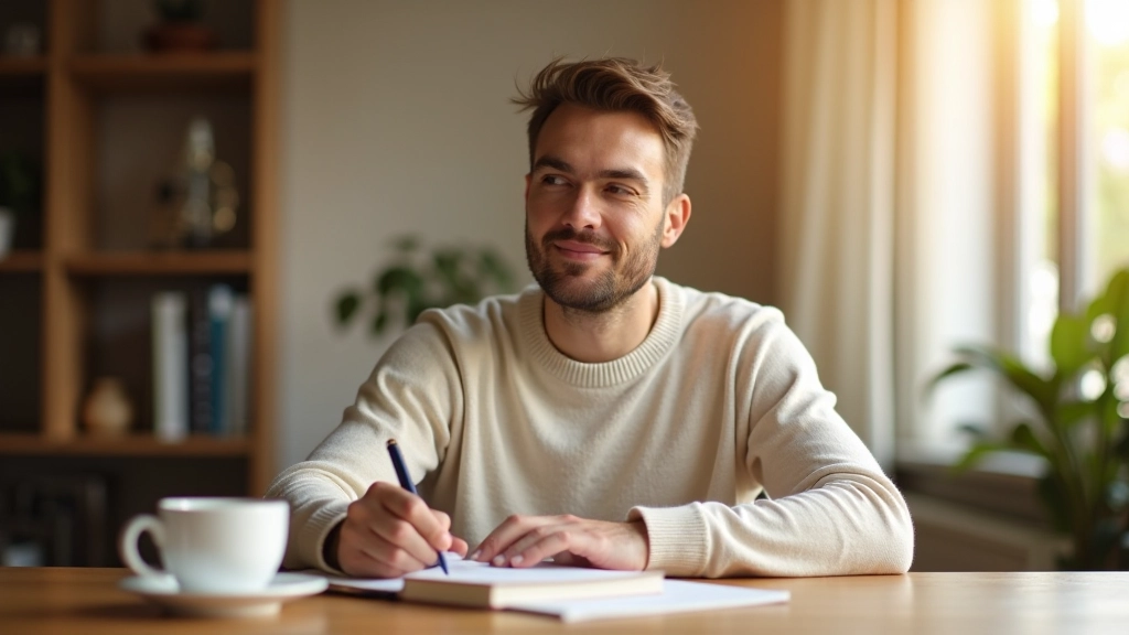 Pessoa escrevendo história em caderno durante workshop de storytelling profissional com café ao lado