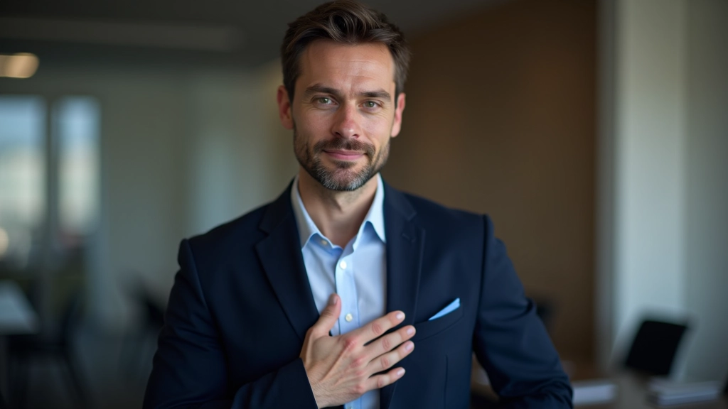 Pessoa demonstrando exercício de respiração com mão no peito, em sala de conferências, técnica de controle de ansiedade