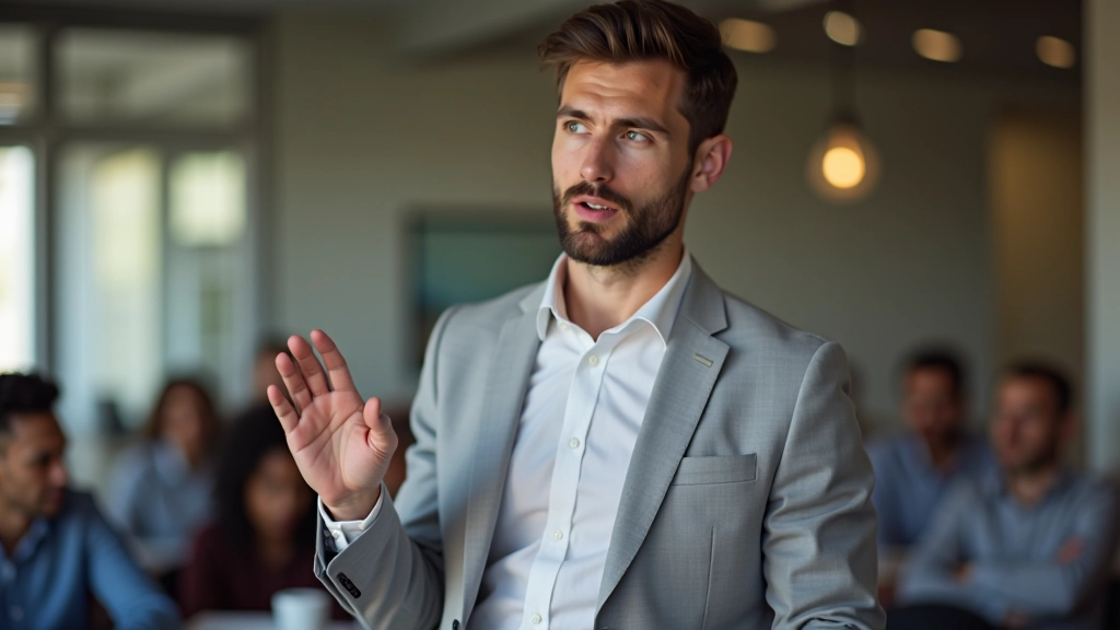 Homem em workshop de oratória praticando técnicas de respiração e voz