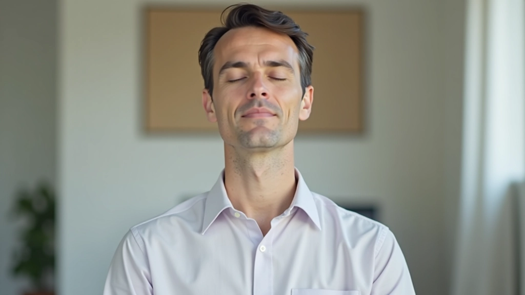 Pessoa com olhos fechados em meditação, visualizando apresentação bem-sucedida, em ambiente calmo e profissional
