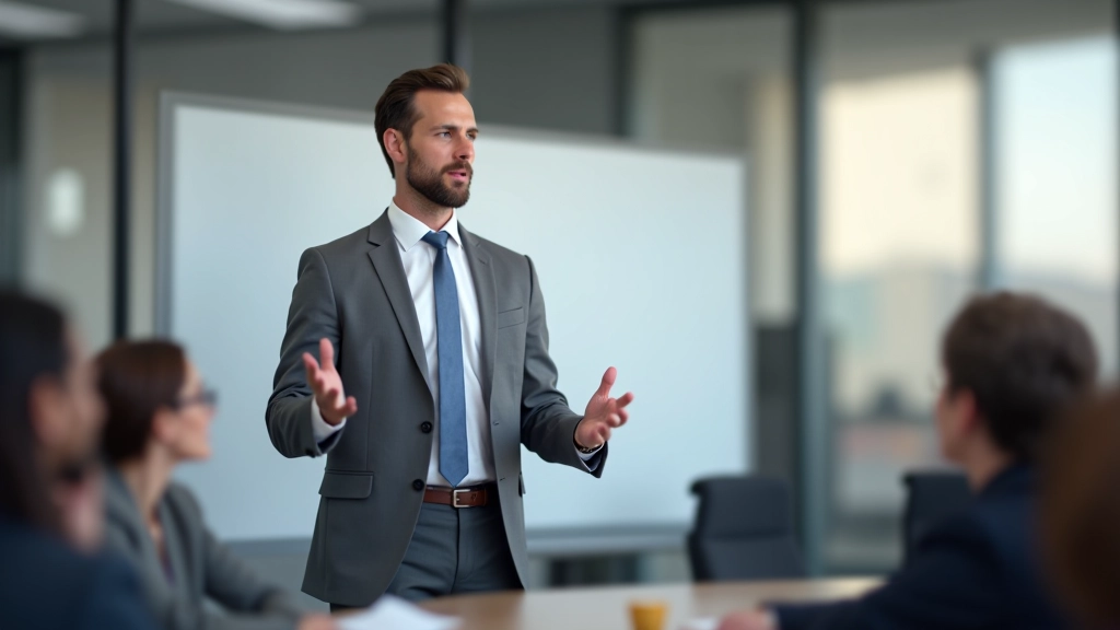 Profissional apresentando dados em sala de reunião com quadro branco