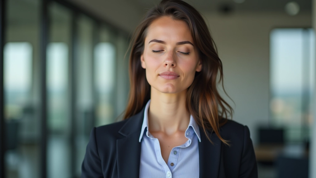 Pessoa respirando profundamente em ambiente de escritório moderno, praticando técnica de relaxamento antes da apresentação