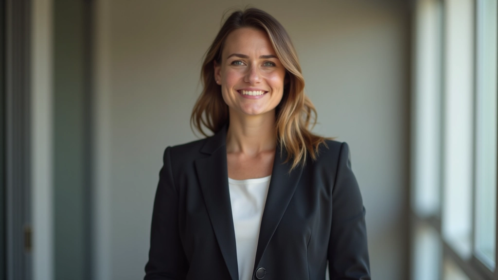 Mulher em postura correta de oratória, de pé com ombros relaxados e peito aberto, em sala de apresentação