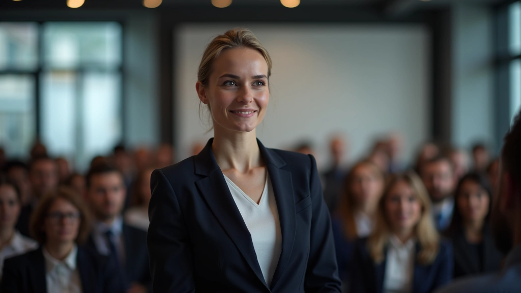 Profissional em apresentação corporativa com slides visíveis ao fundo e audiência engajada