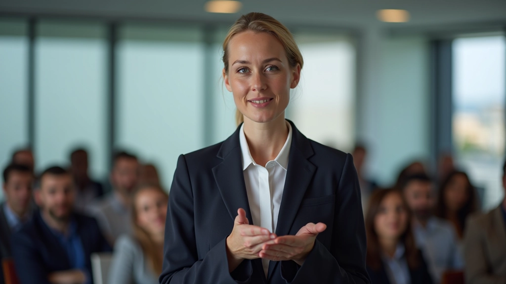 Mulher em apresentação profissional falando para plateia em sala de conferência moderna