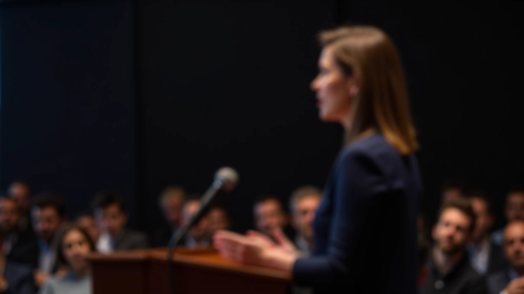 Mulher profissional apresentando com confiança em conferência