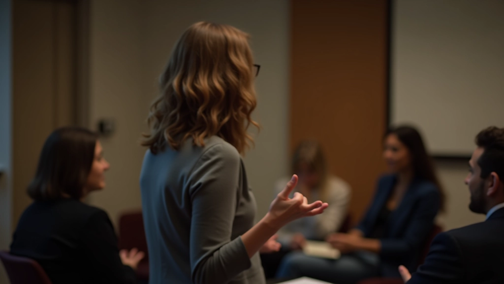 Mulher contando história durante workshop de storytelling profissional